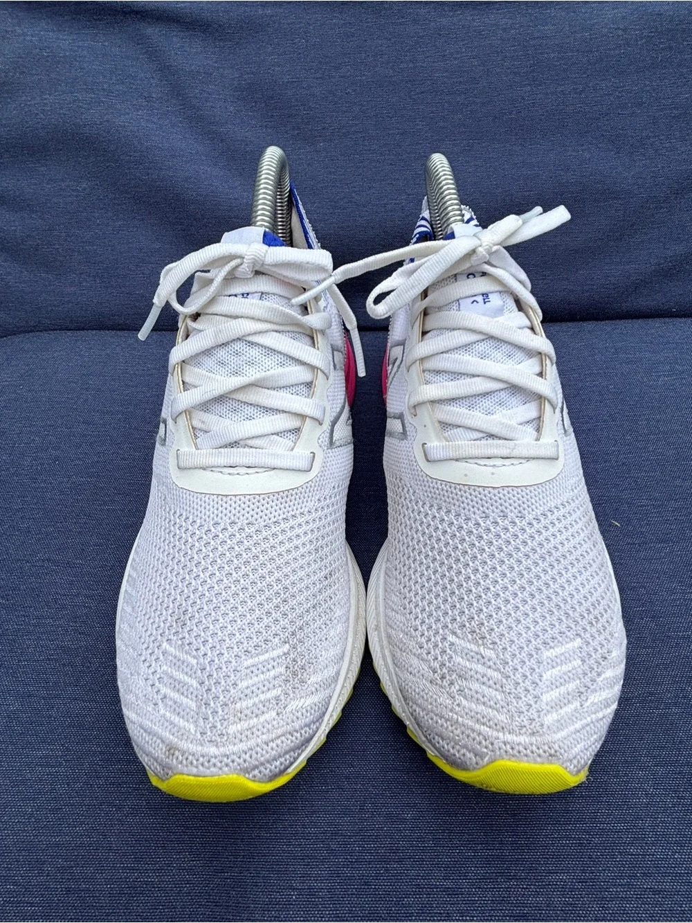 New Balance White Knit Sneakers with Pink, Blue & Yellow Accents